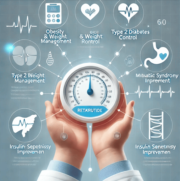 Reta Peptide Guide Image 01 Hands holding a scale labeled "Retatrutide" surrounded by icons showing its health benefits like weight loss and diabetes control.