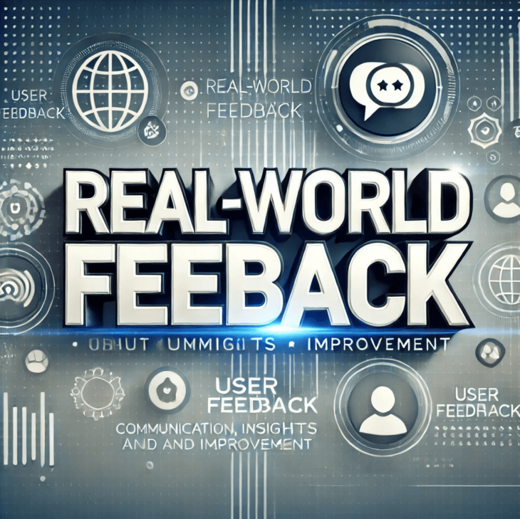 Real World Feedback Futuristic design featuring the bold text "REAL-WORLD FEEDBACK" at the center, surrounded by icons of speech bubbles, globes, and user silhouettes, representing communication, insights, and improvement.</p>
<p>Let me know if you want a version optimized for accessibility, SEO, or a specific platform.