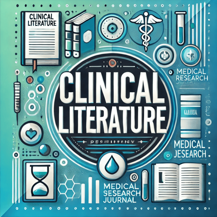 Clinical Literature Illustration themed around clinical literature and medical research, featuring books, scientific icons (like syringes, caduceus, petri dishes, and test tubes), and various labeled text elements such as "CLINICAL LITERATURE," "MEDICAL RESEARCH," and "MEDICAL RESEARCH JOURNAL." The design uses teal and blue tones with a futuristic, infographic-like style. Some text is misspelled, such as “MEDICAL SESERACH JUURNAL.”