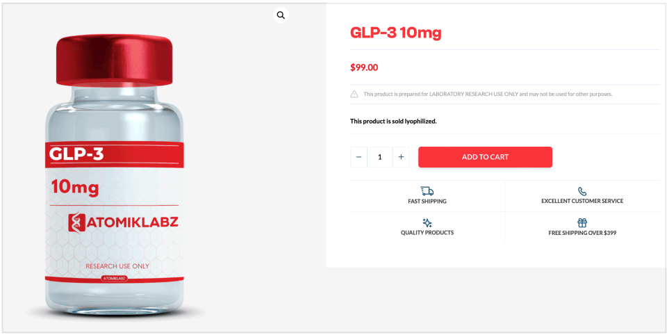 Research Suppliers A product listing for "GLP-3 10mg" by AtomikLabz, priced at $99.00. The image shows a vial labeled "GLP-3 10mg" with red and white branding and the text "RESEARCH USE ONLY." The product is noted to be lyophilized and intended strictly for laboratory research use. Additional features include fast shipping, excellent customer service, quality products, and free shipping on orders over $399