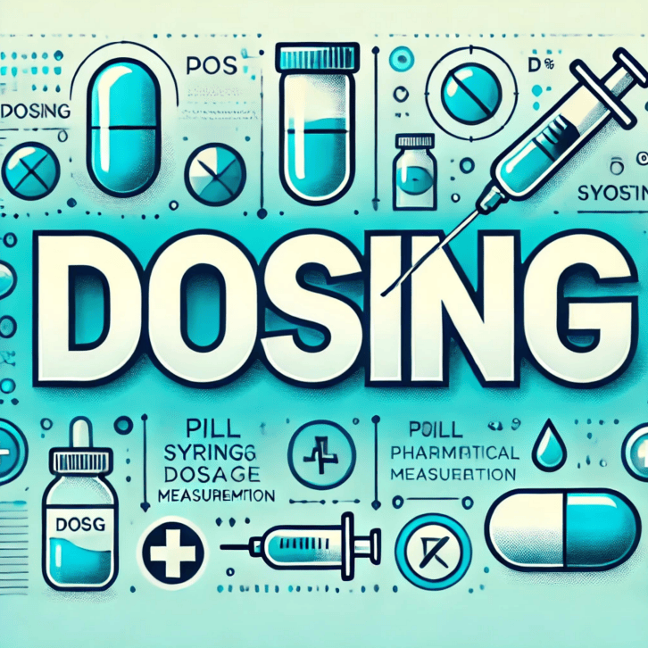 Research Dosing An illustrated graphic centered around the word "DOSING" in large, bold letters. Surrounding the text are various medical icons including pills, syringes, vials, dosage labels, and pharmaceutical symbols. The color scheme is predominantly teal and blue, and some text elements include intentionally stylized or misspelled words like "SYRINGG" and "PHARMATICAL MEASUERMENT." The image conveys the theme of medication dosing and administration.