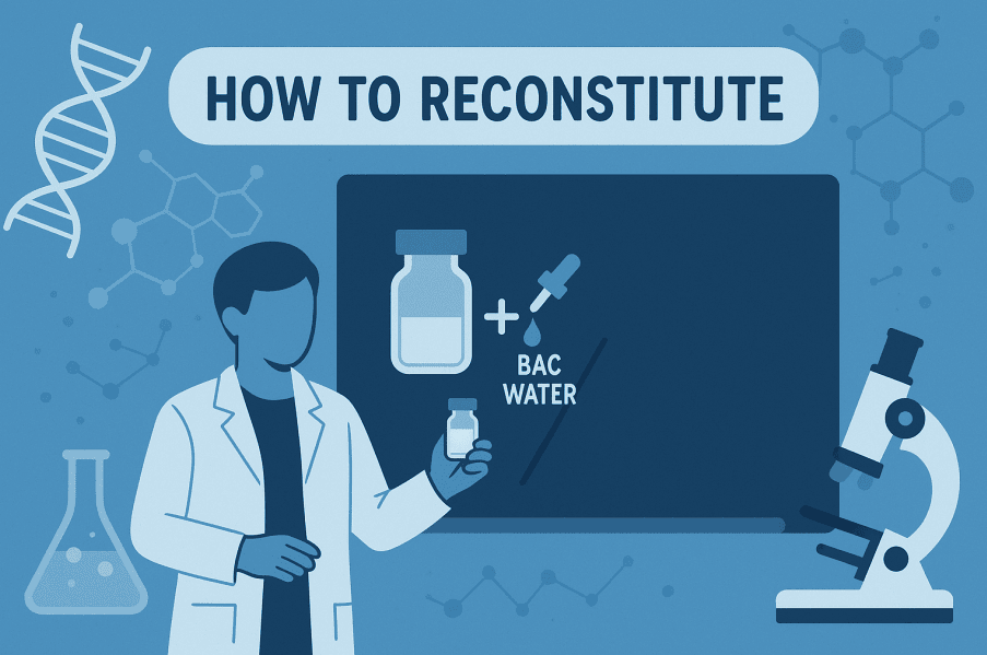 BPC157 Image 2 Illustration showing how to reconstitute a vial using BAC water, featuring a scientist, dropper, and lab equipment