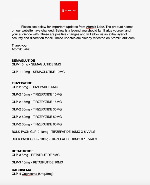 BPC157 Image 4 Product naming legend update from Atomik Labz showing new GLP-1, GLP-2, GLP-3, and GLP-4 identifiers for research peptides