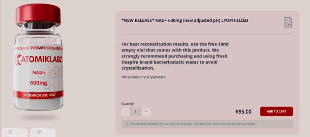 NAD Image 2 Atomik Labz NAD+ 600mg lyophilized peptide vial product page.